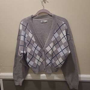 Hollister Womens Medium Grey Argyle Cropped Vneck Button Front Cardigan
